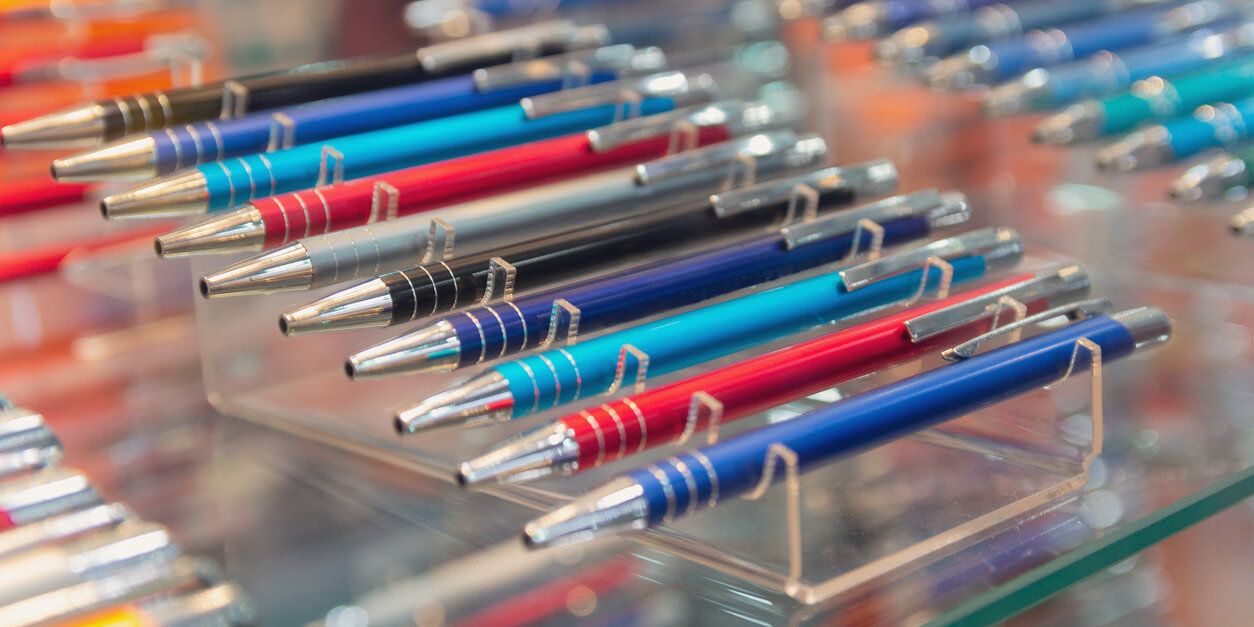 promotional pens on a stand