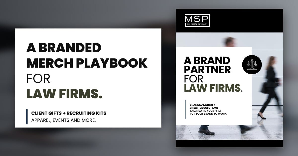 A branded merch playbook for law firms, shown beside the MSP Design Group law firm guide cover
